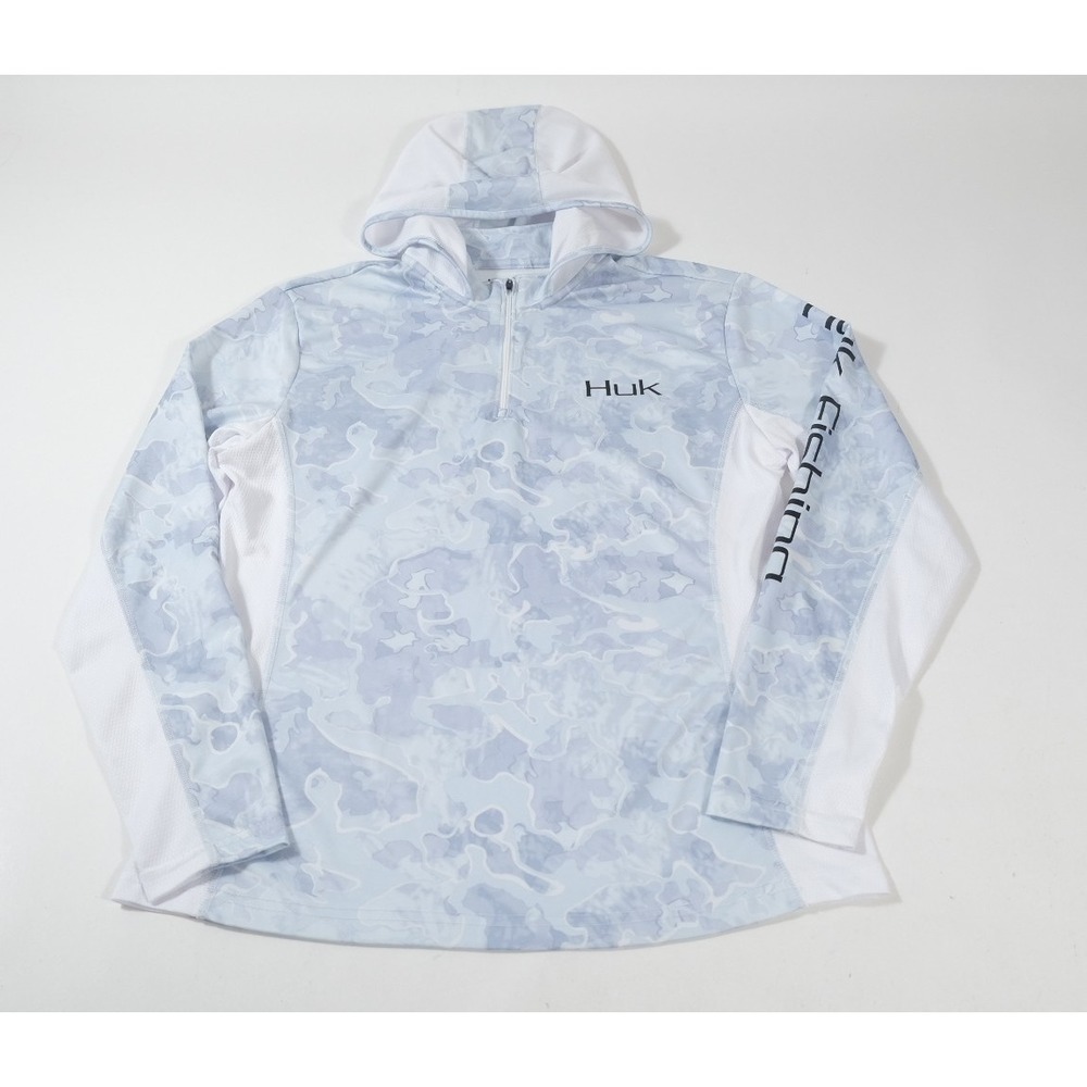 Huk Hoodie Women Large Blue Camo Performance Fishing Quarter Zip Long Sleeve Sun